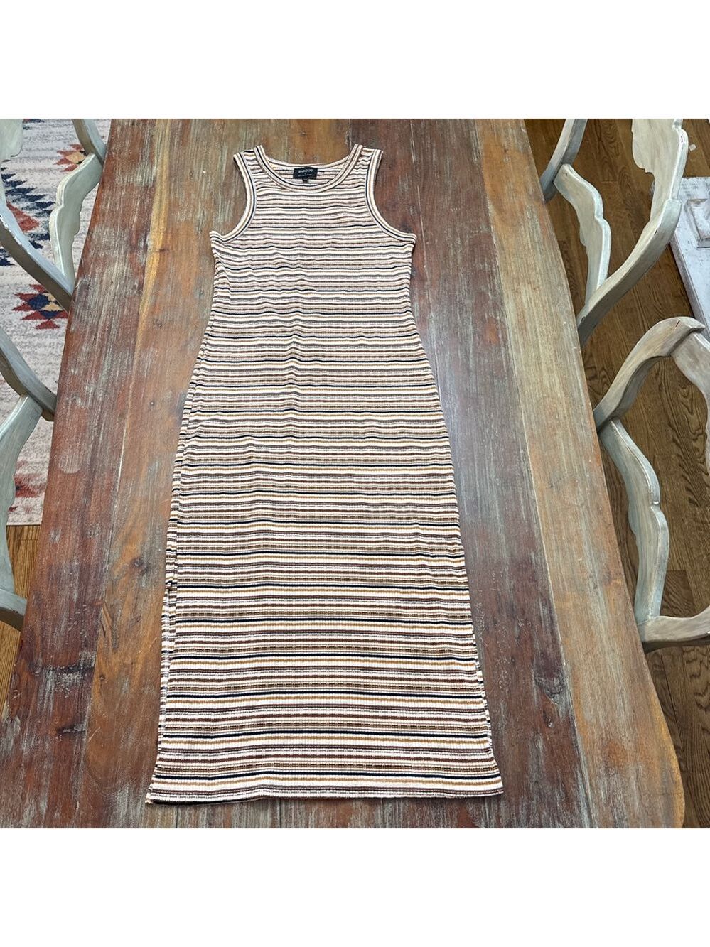 Bardot Striped Ribbed Midi Tank Dress Size 8 Cream Brown